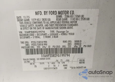 2015 Ford Taurus Se z USA, uszkodzony, nr VIN 1FAHP2D82FG199794